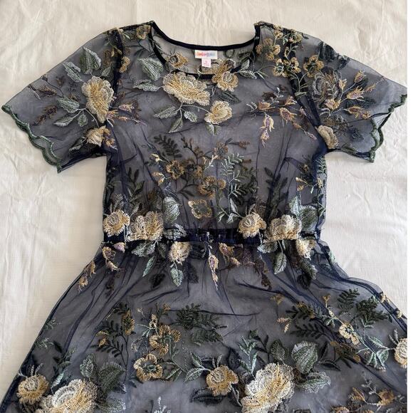 Lularoe Deanne 2 Sheer Overlay Maxi Dress Blue Embroidered Flowers Size Small - Picture 2 of 14